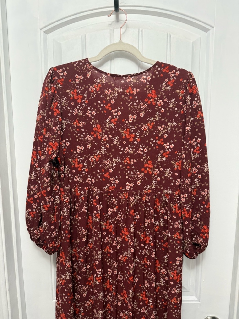 Lush Burgundy Puff Sleeve Ruffle Maxi Dress Cottagecore Size Large (36-6) - Picture 12 of 15